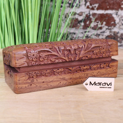 Daipur Sheesham Wood Pen Box Hand Carved - Front View Slightly Open