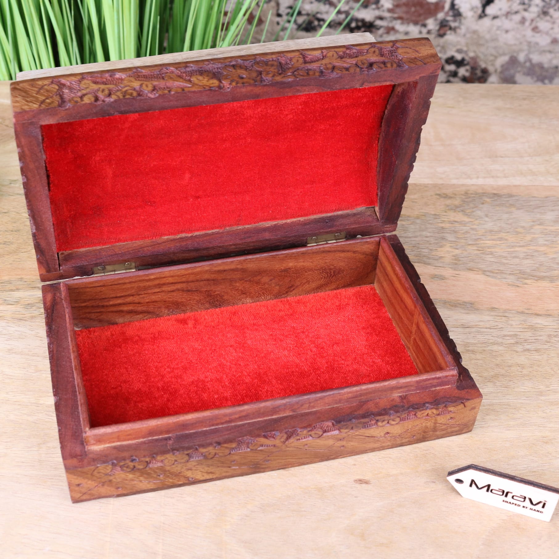 Aipur Sheesham Wood Carved Treasure Chest Box - Opened Up