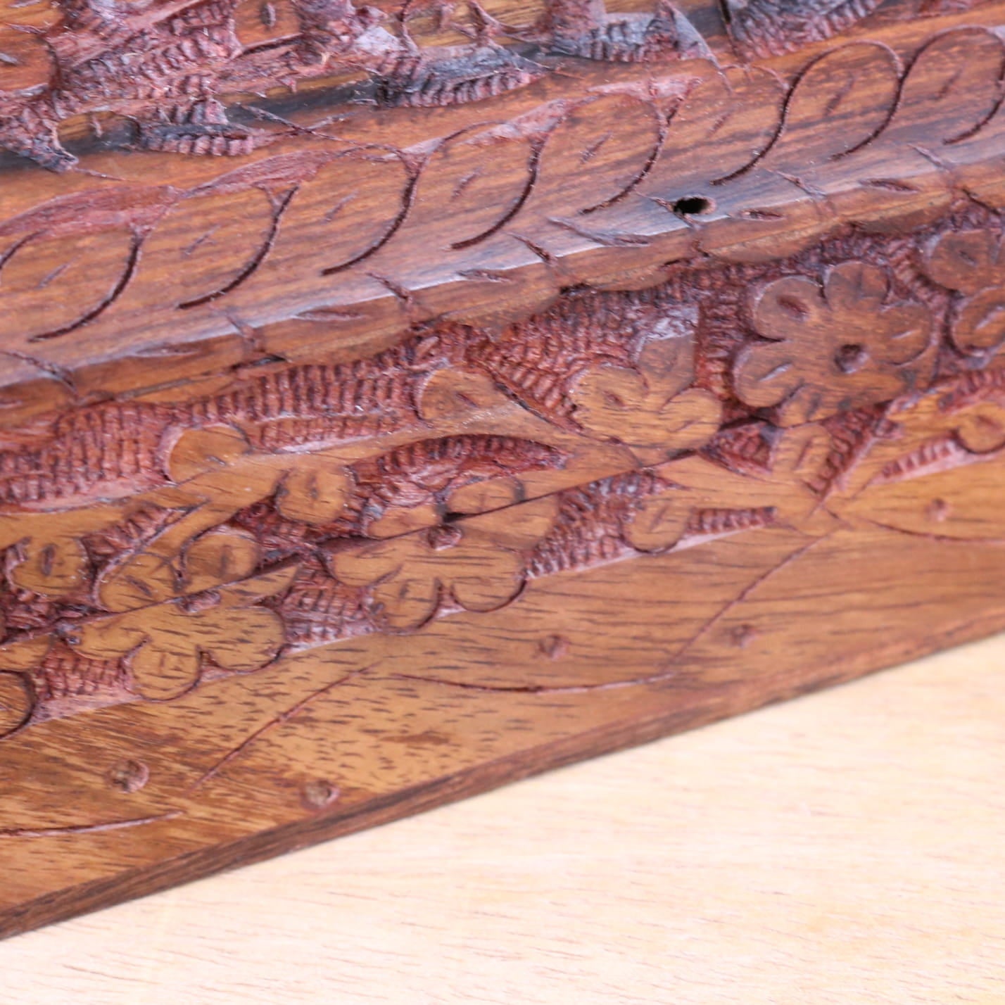 Aipur Sheesham Wood Carved Treasure Chest Box - Closeup of Carving