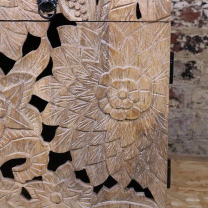 Kheda Mango Wood Bedside Cabinet - Closeup of Flower Carving