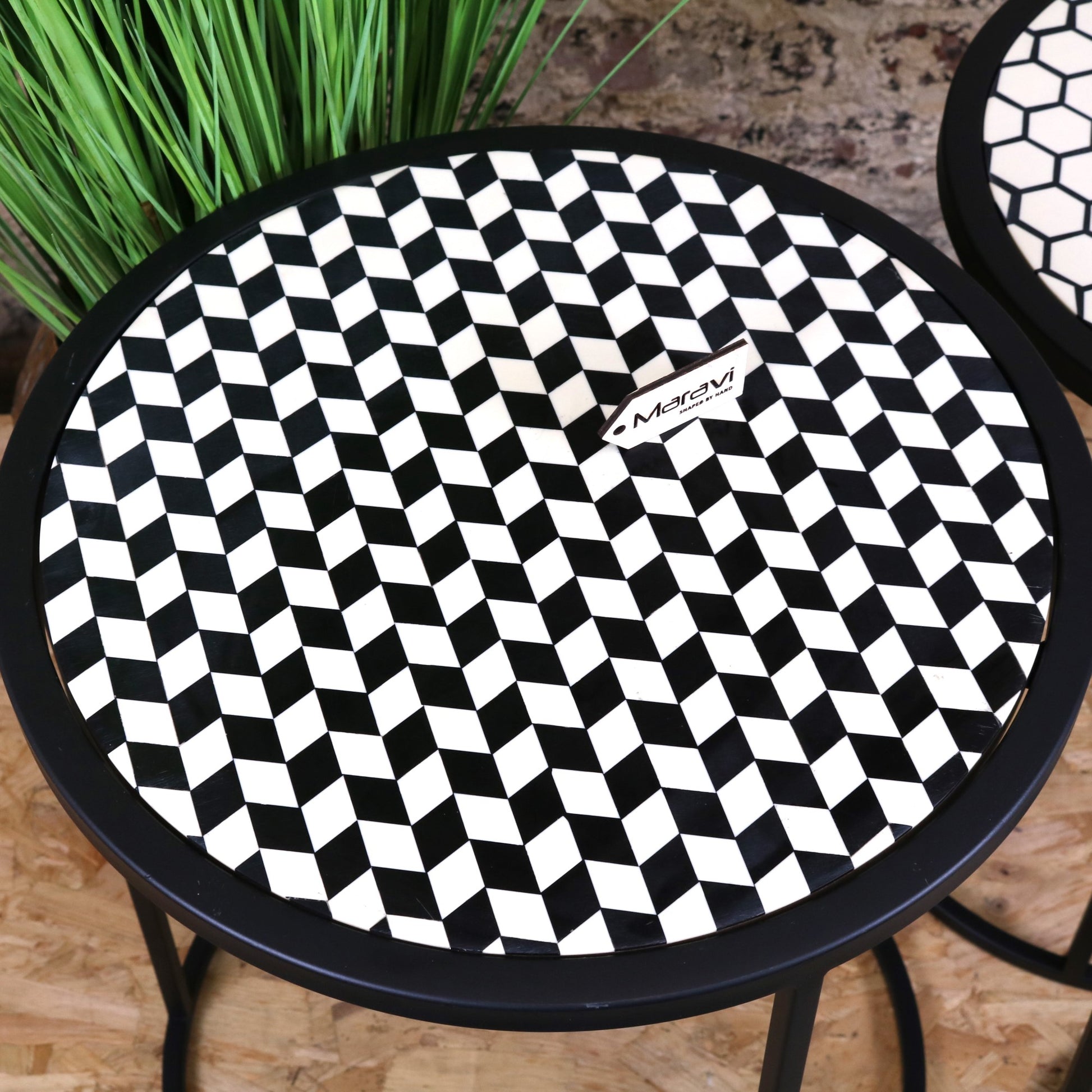 Chinta Modern Black Round Nesting Side Tables - Checker Design Top View