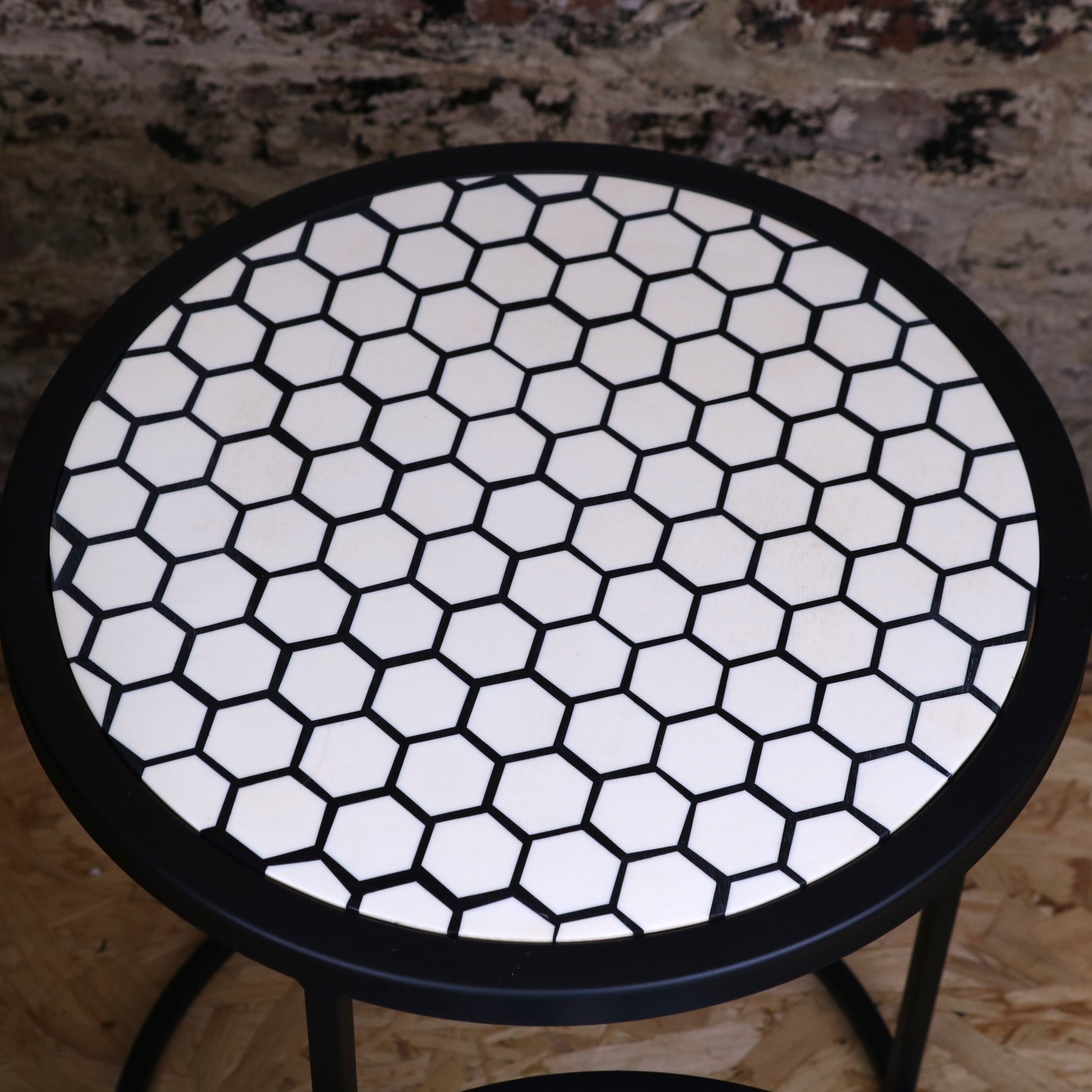 Chinta Modern Black Round Nesting Side Tables - Honeycomb Design Top View