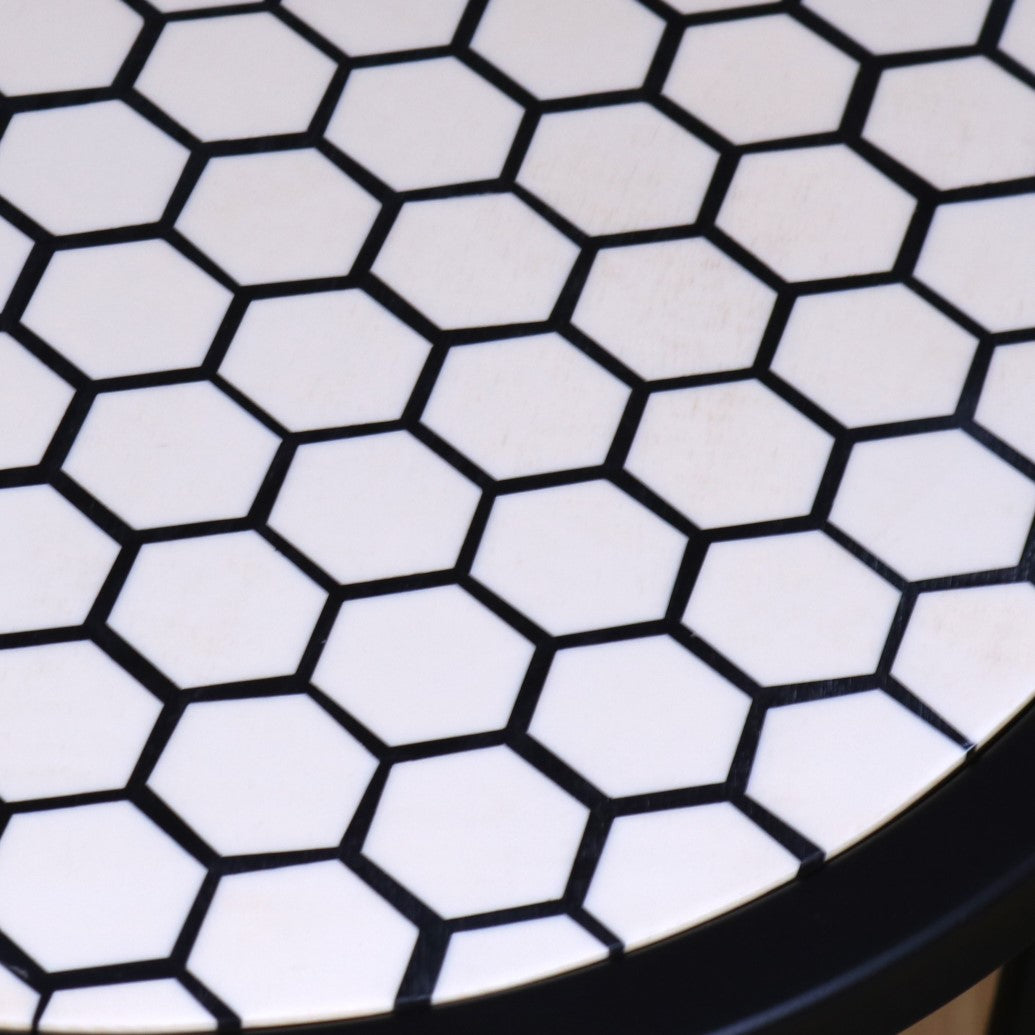 Chinta Modern Black Round Nesting Side Tables - Honeycomb Design Closeup