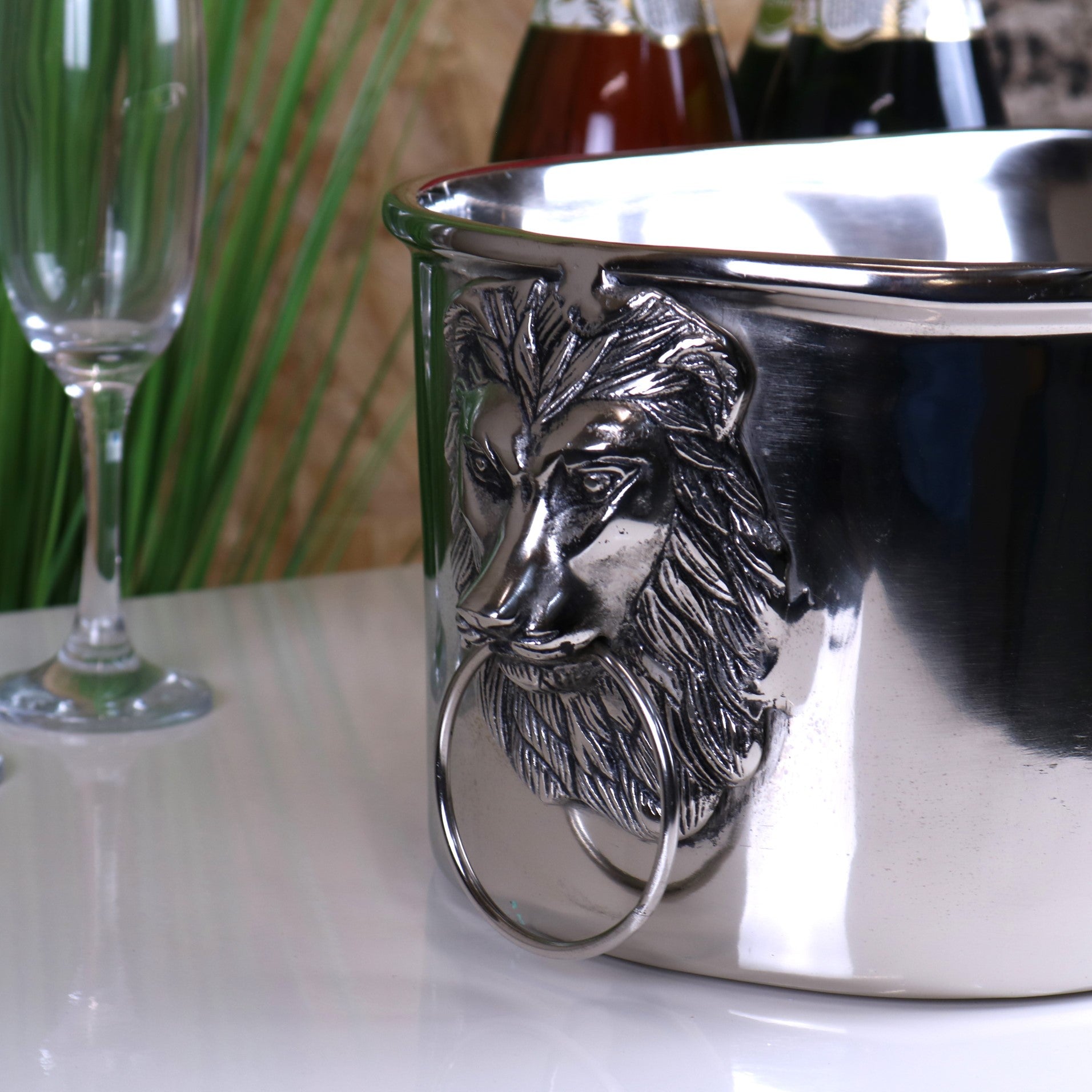 Shah Lion Handle Luxury Ice Bucket - Closeup of Lion Handle without Ice