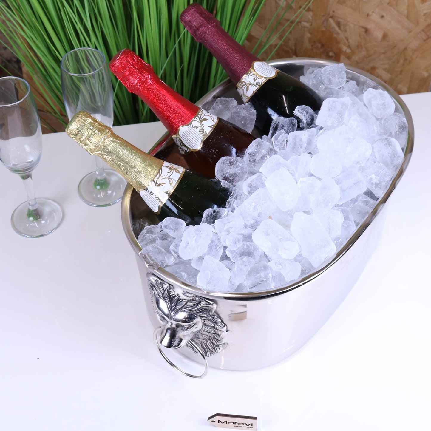 Shah Lion Handle Luxury Ice Bucket - Top View with Ice