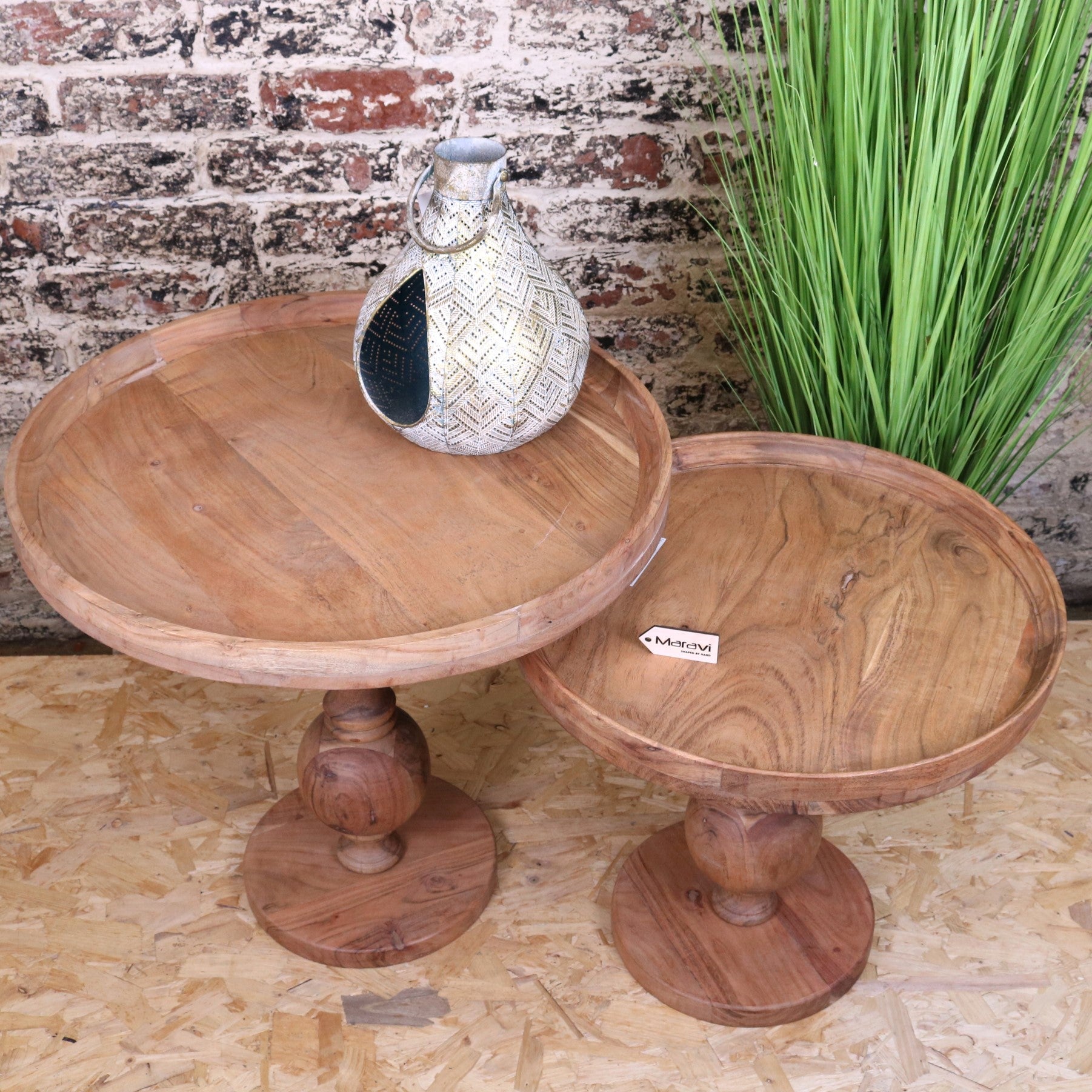 Ucha Set of 2 Wooden Pedestal Side Tables - Angled Top View