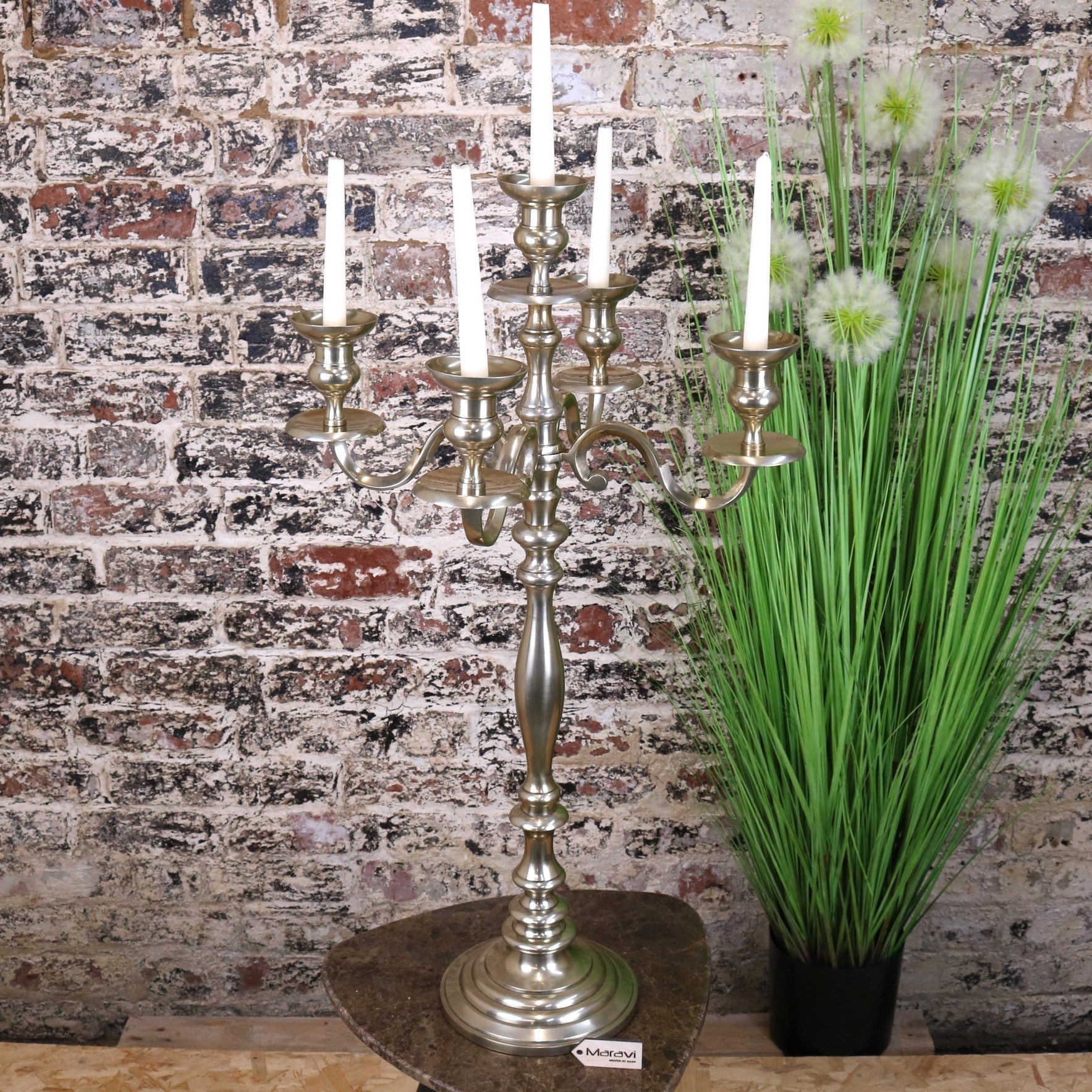 Zira Antiqued Gold 5 Candle Candelabra Centerpiece 84cm - Main Image with Candles