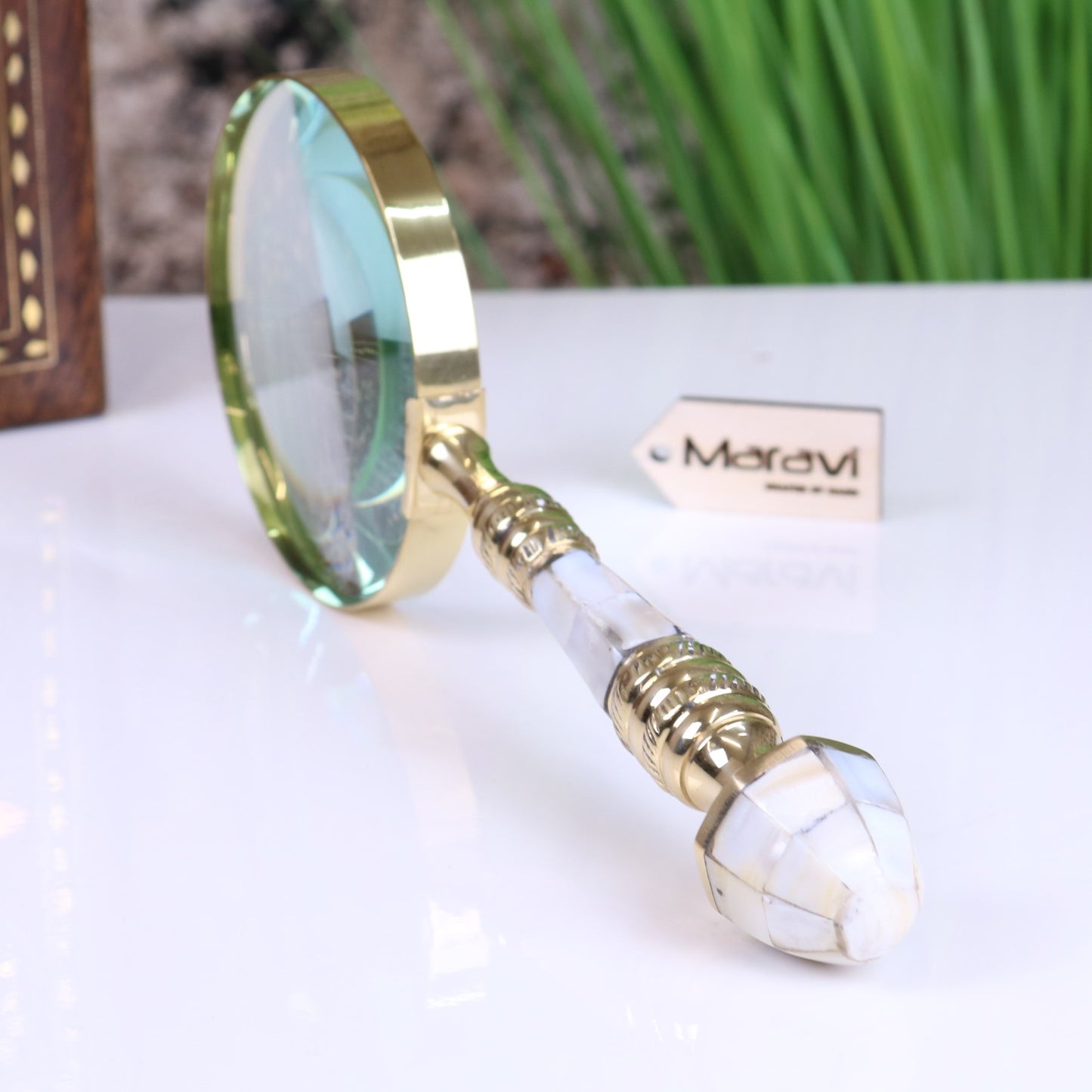 Yala Reading Magnifying Glass 10cm Mother of Pearl Brass Handle - Side View