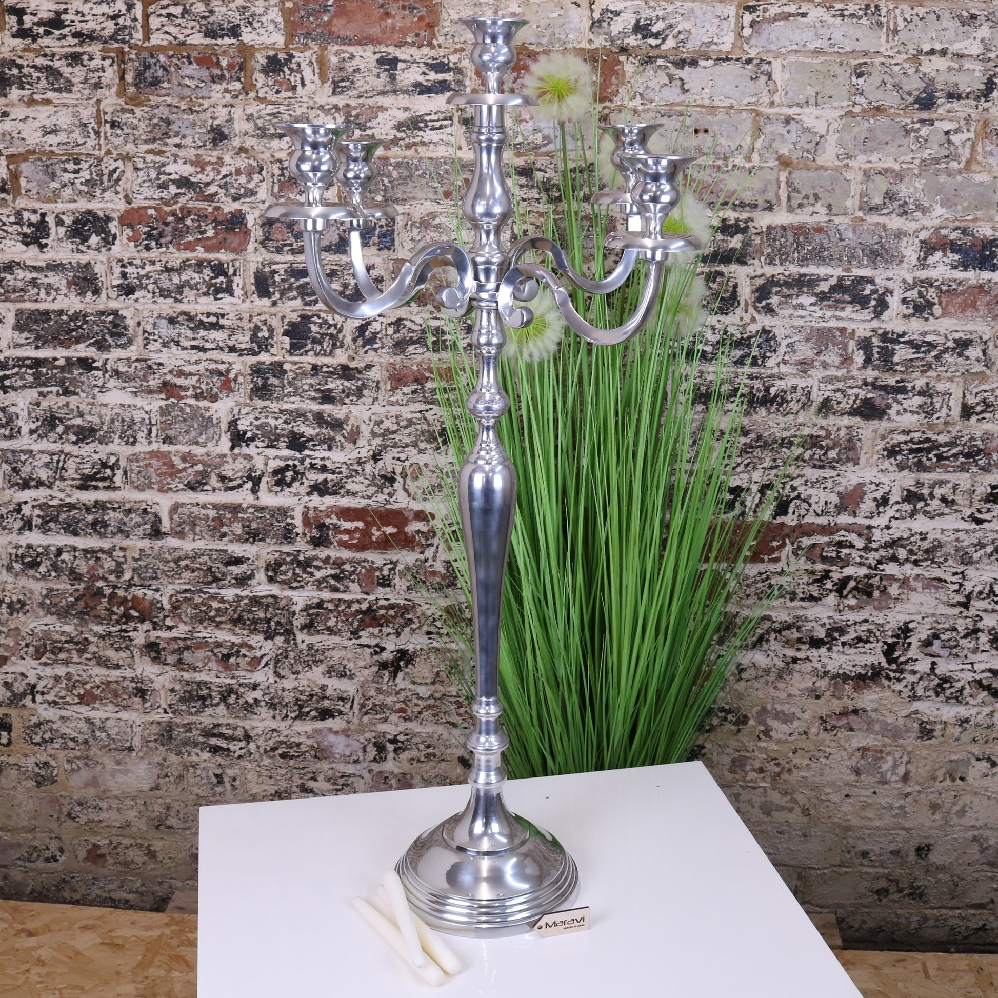 Mula Polished Silver 5 Candle Candelabra Centerpiece 105cm - Main Image