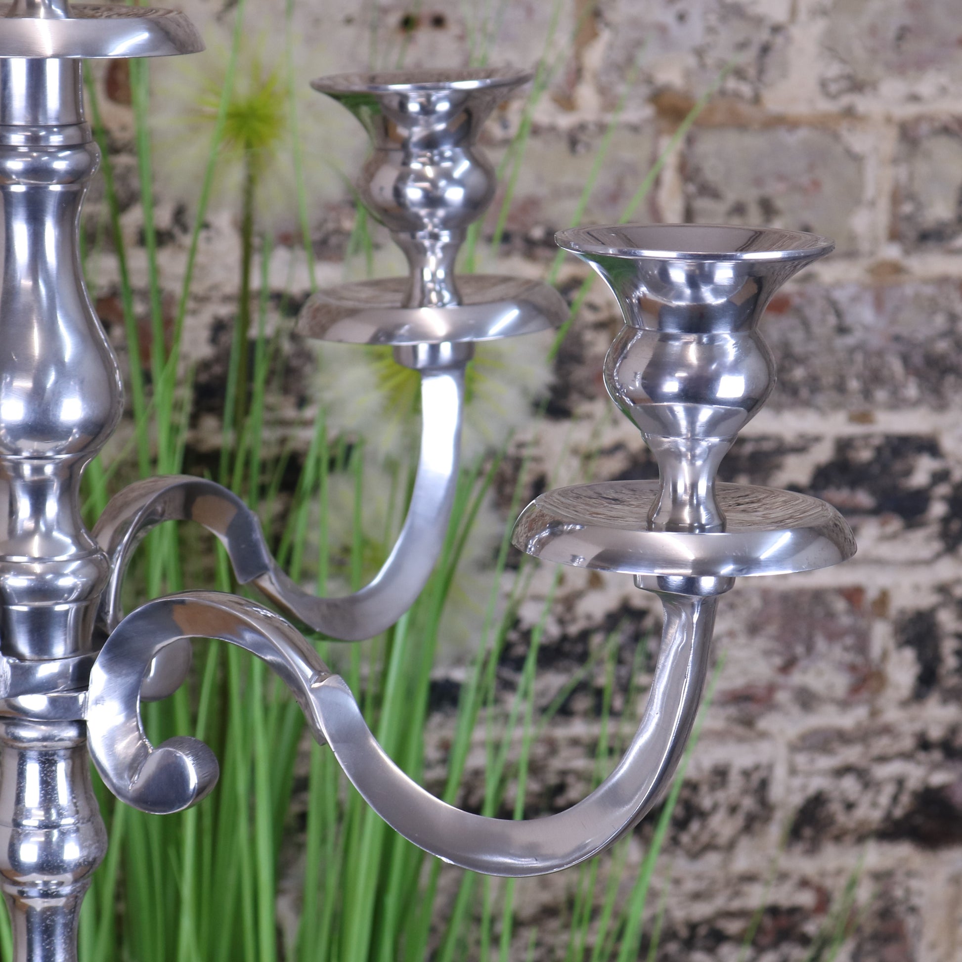 Mula Polished Silver 5 Candle Candelabra Centerpiece 105cm - Closeup of Candle Holder