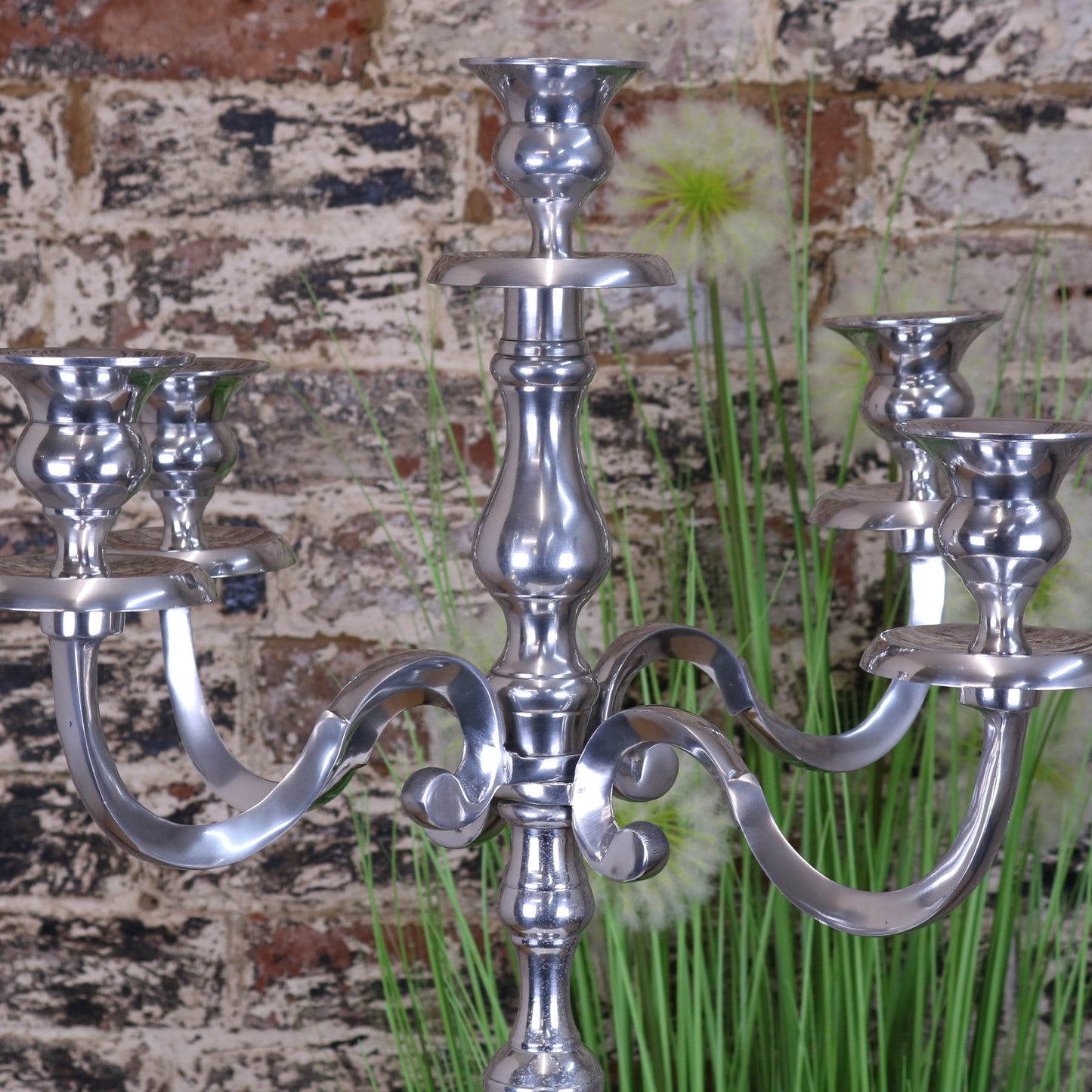 Mula Polished Silver 5 Candle Candelabra Centerpiece 105cm - Zoomed in Top Half