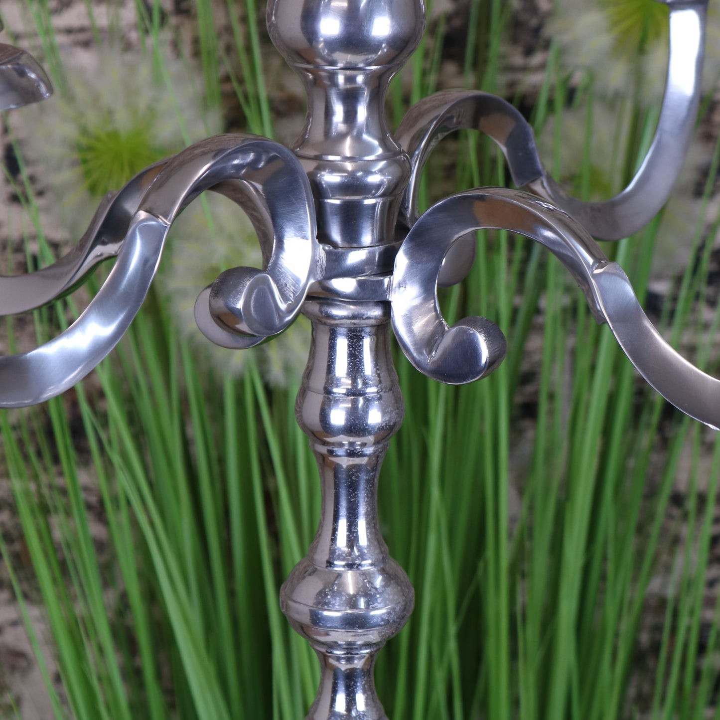 Mula Polished Silver 5 Candle Candelabra Centerpiece 105cm - Closeup of Filagree Design