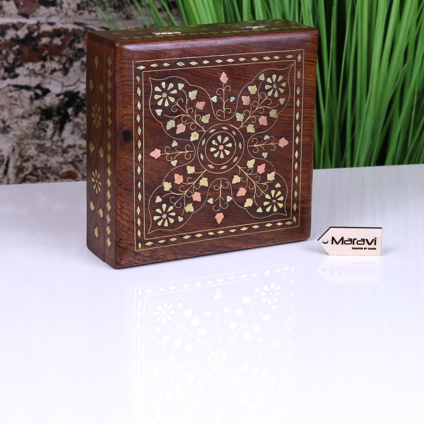 Lila Sheesham Wood Trinket Box Brass Inlay - Main Image