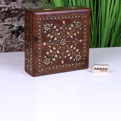 Lila Sheesham Wood Trinket Box Brass Inlay - Main Image