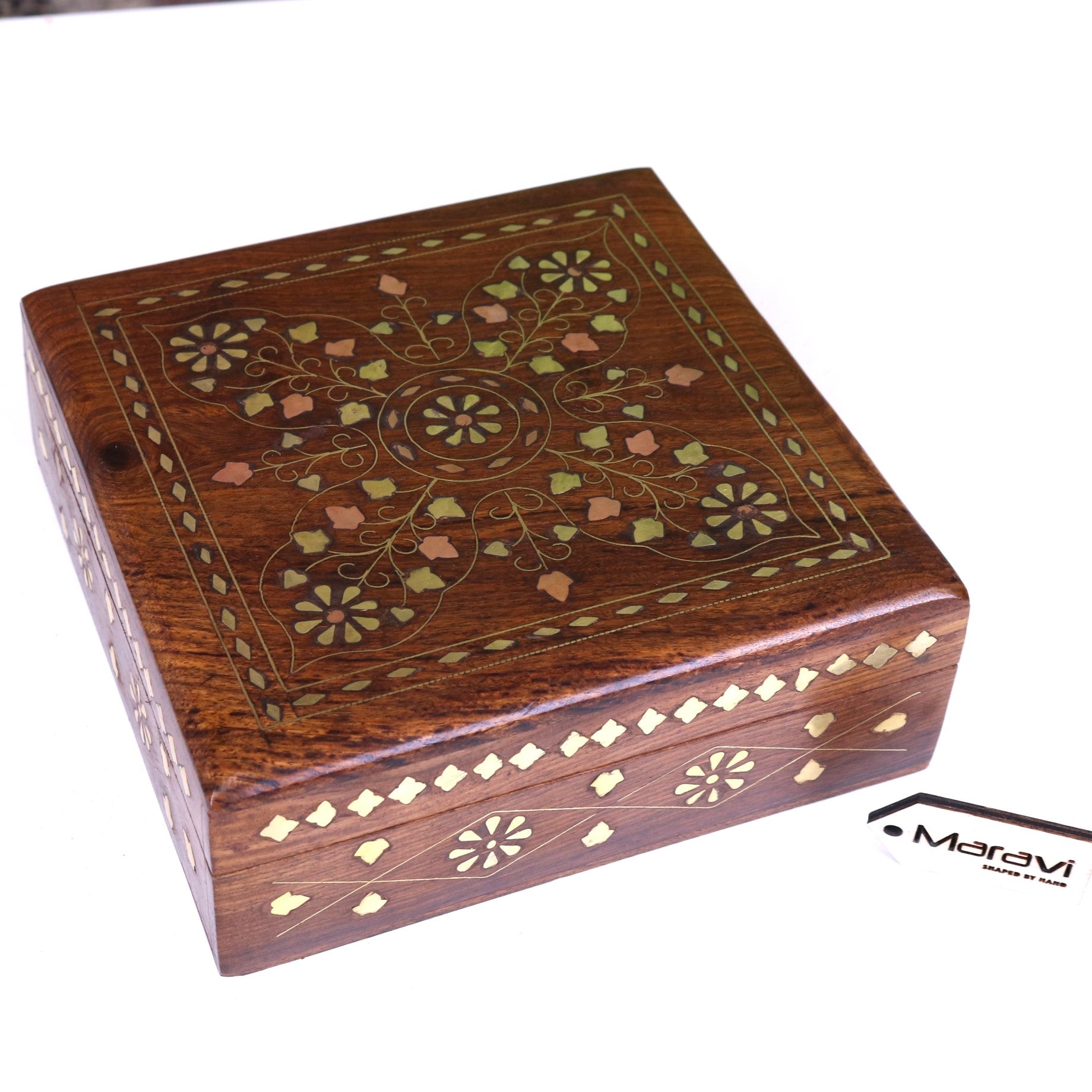 Lila Sheesham Wood Trinket Box Brass Inlay - Angled Top View