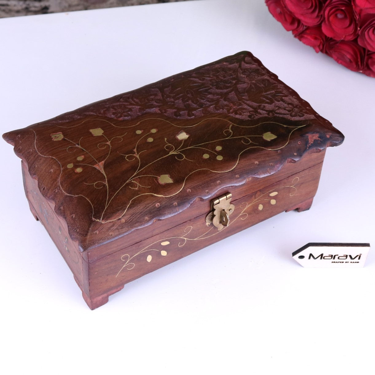 Bori Small Wooden Jewellery Box Vintage Style - Top View