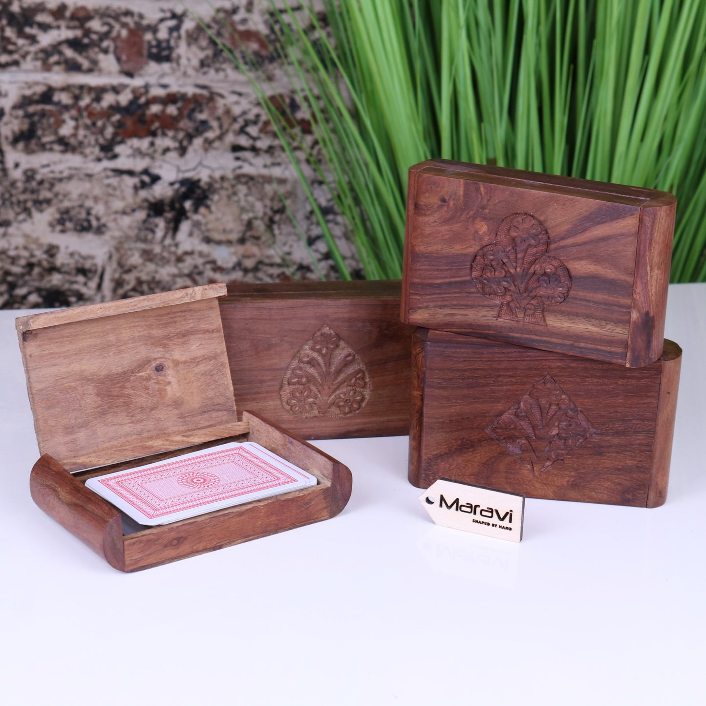 Fata Wooden Playing Card Box Set of 4 Sheesham Wood - Opened Box with Cards