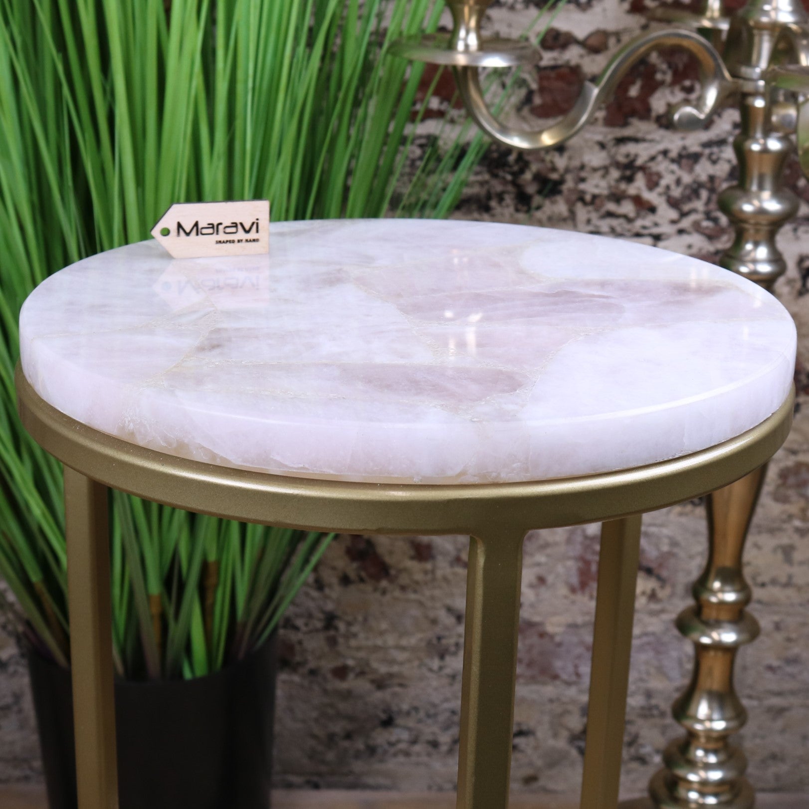 Bela Rose Quartz Side Table - Closeup of Side