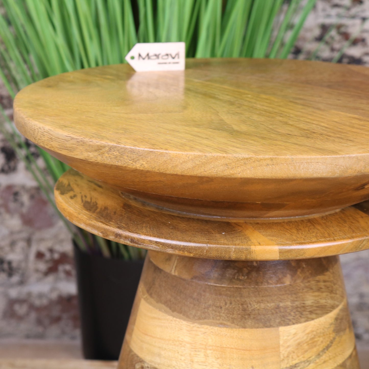 Tura Conical Mango Wood Side Table - Closeup of Tabletop Edge