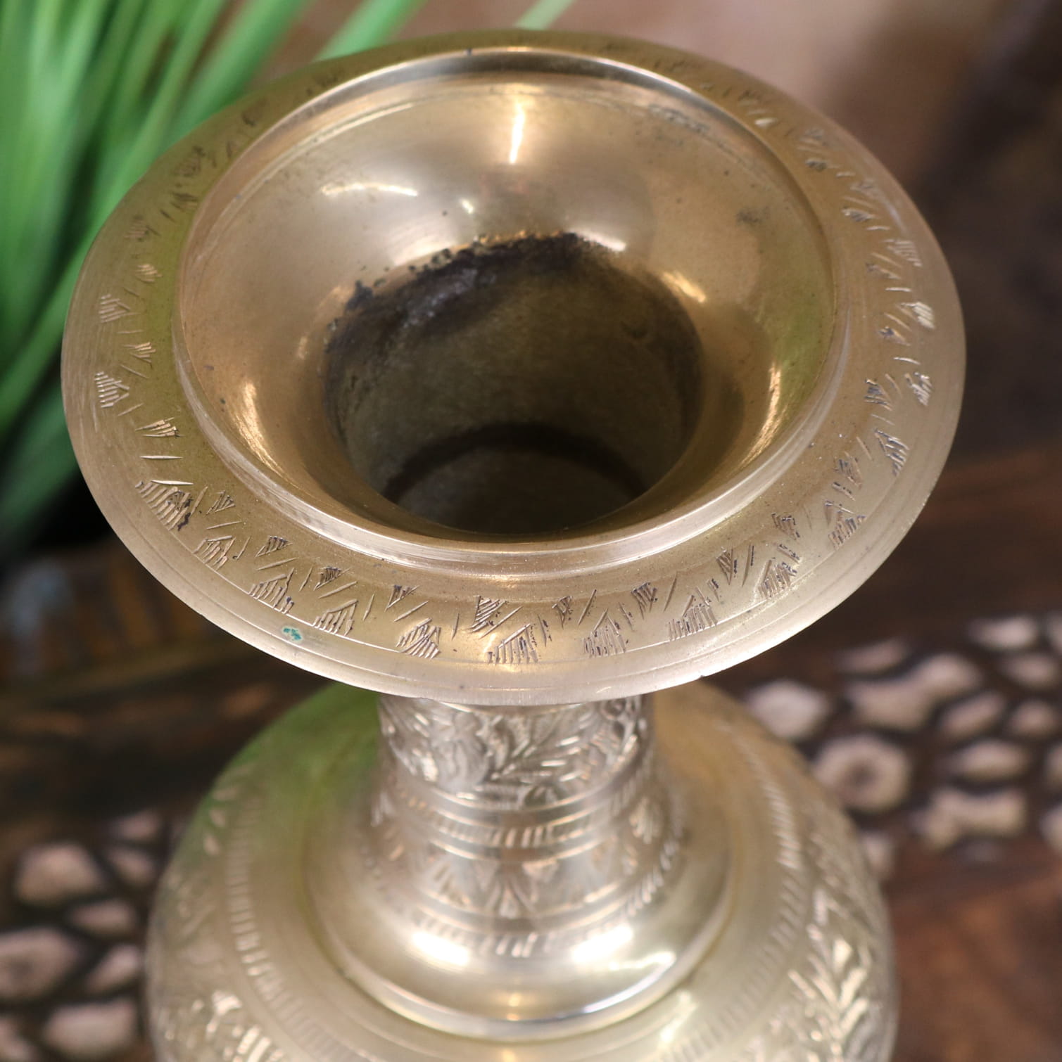 Vintage 36cm Small Brass Vase Hand Etched - Closeup of Rim