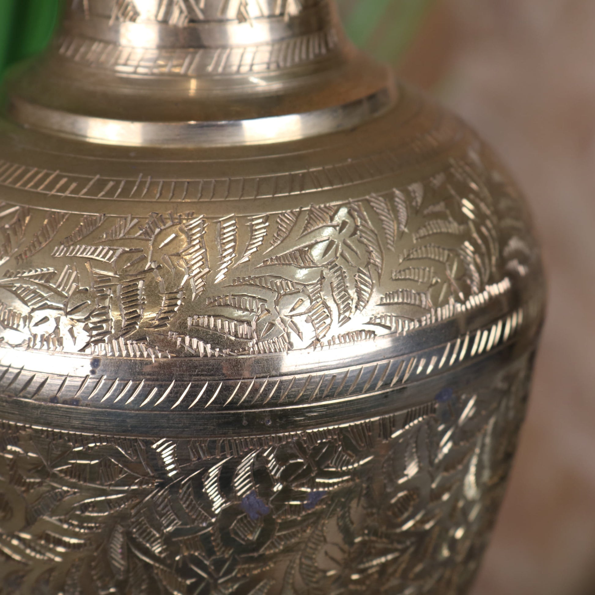 Vintage 36cm Small Brass Vase Hand Etched - Closeup of Etching