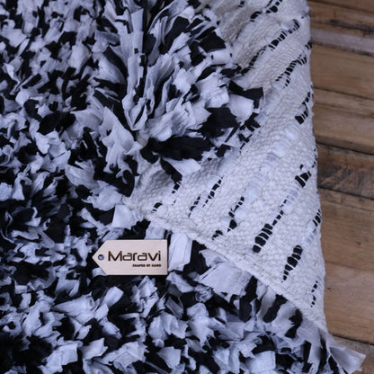 Varam Fluffy Recycled Rug Black and White - Showing Underside of Mat
