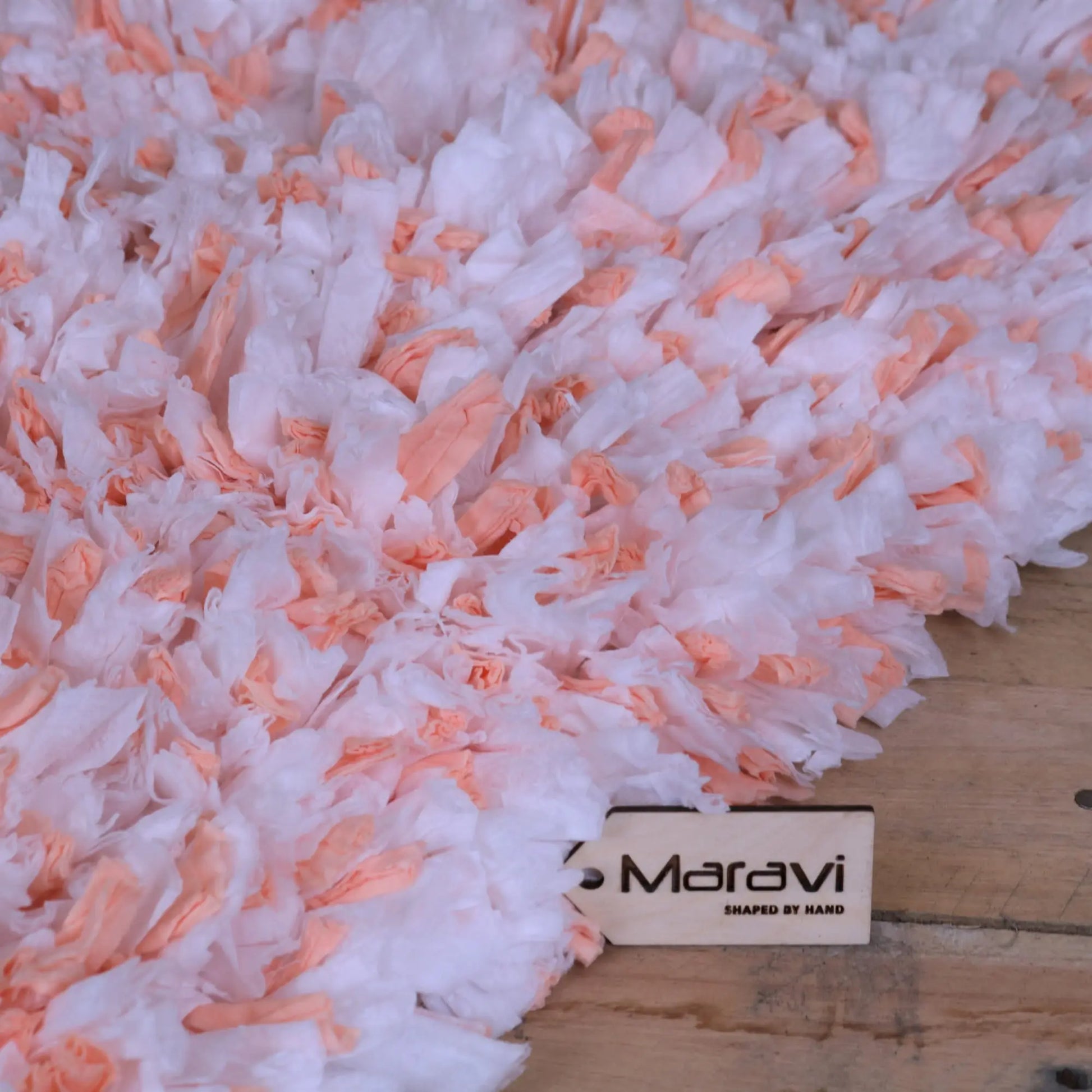 Varam Fluffy Recycled Rug White and Orange - Closeup of Fluffy Bits
