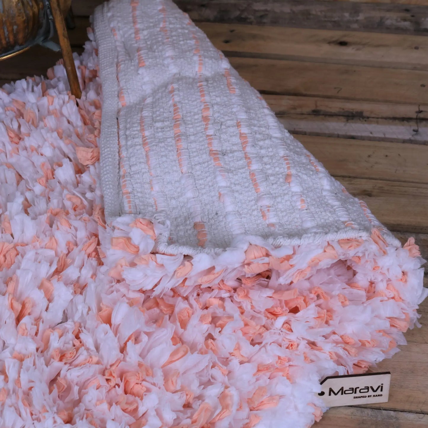 Varam Fluffy Recycled Rug White and Orange - Showing Underside