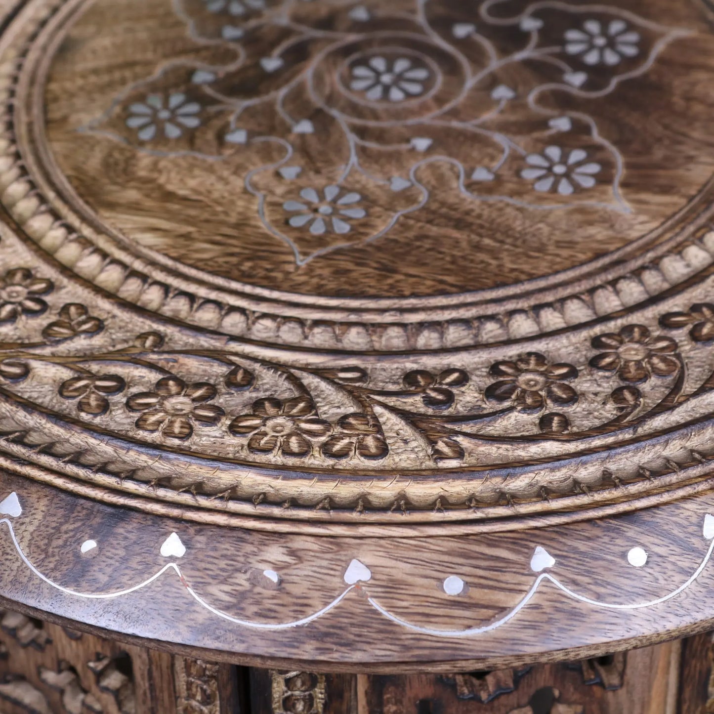 Zanskar Small Side Table - Closeup of Table Top Carving