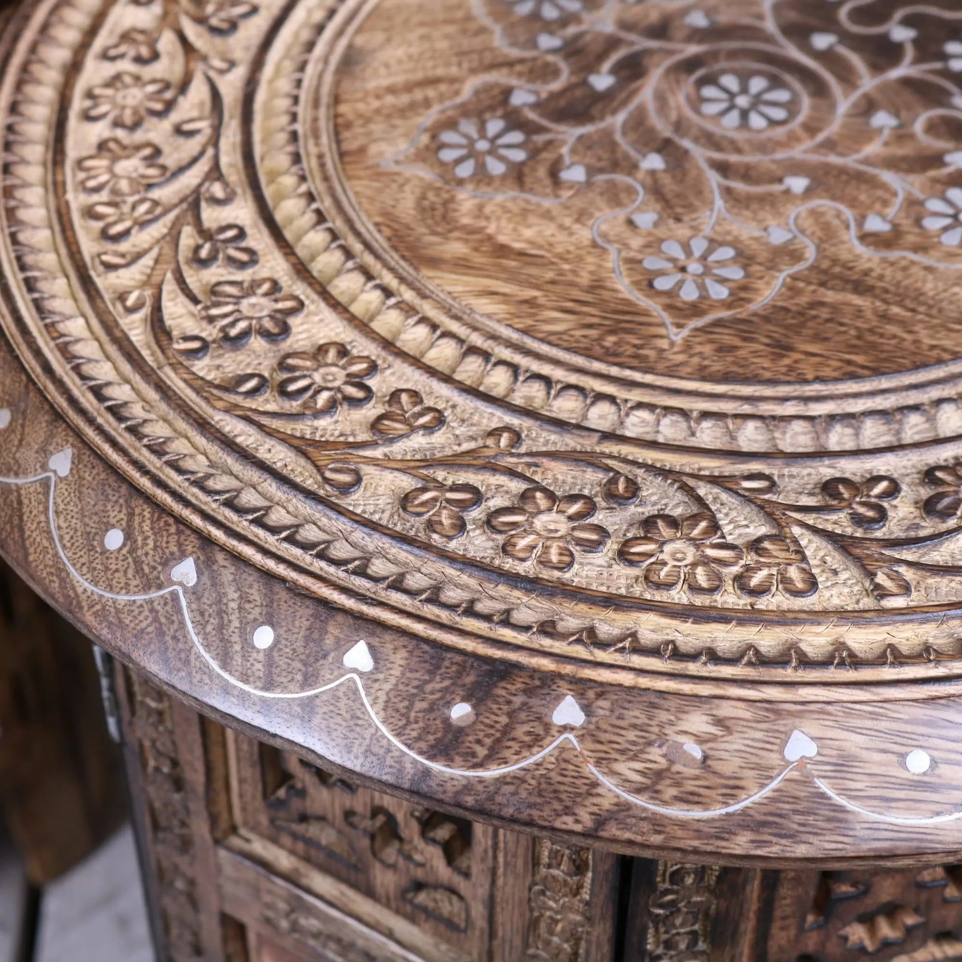 Chaliya Coffee Table and Side Table Set - Closeup of Carving Side Table