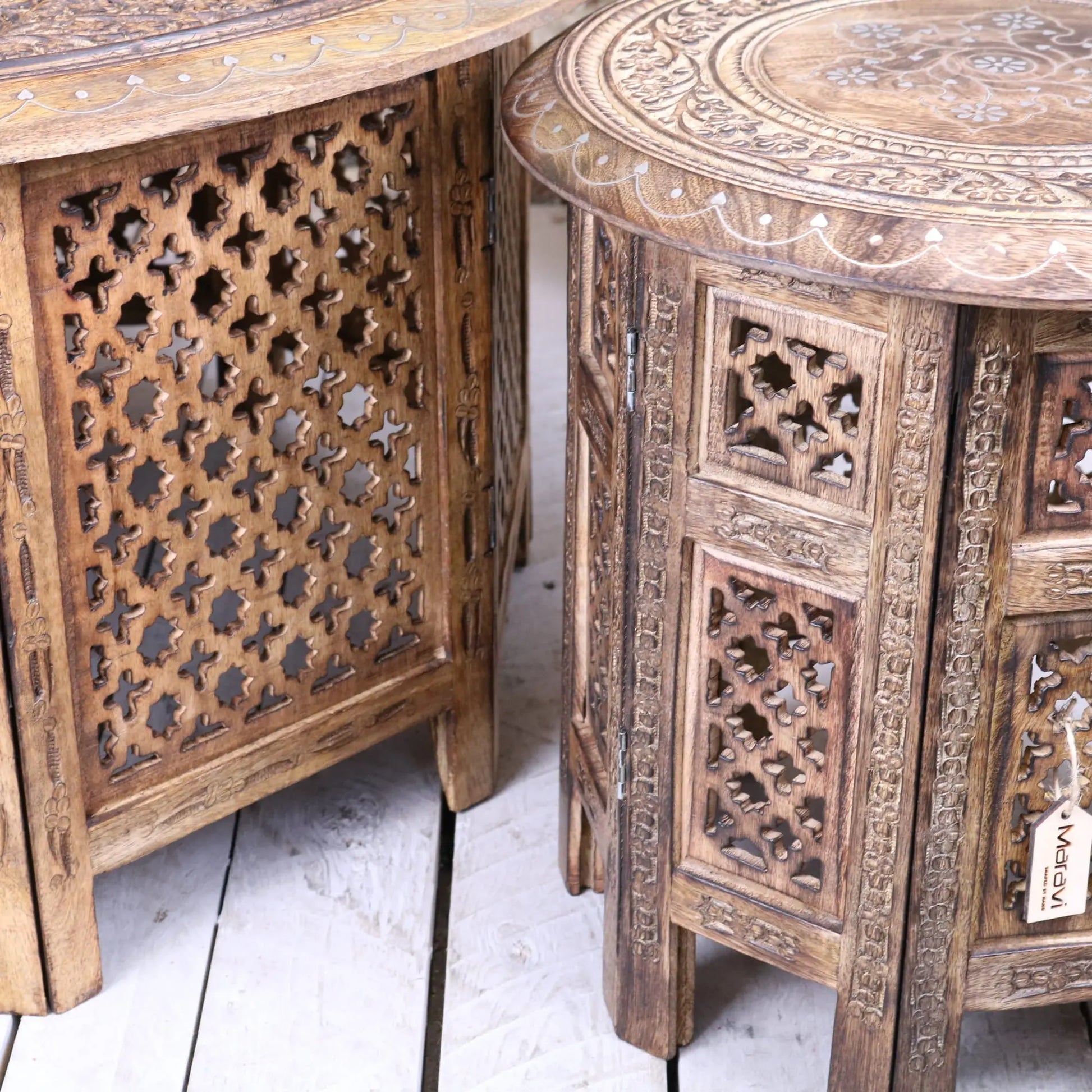 Chaliya Coffee Table and Side Table Set - Closeup of Base Carving