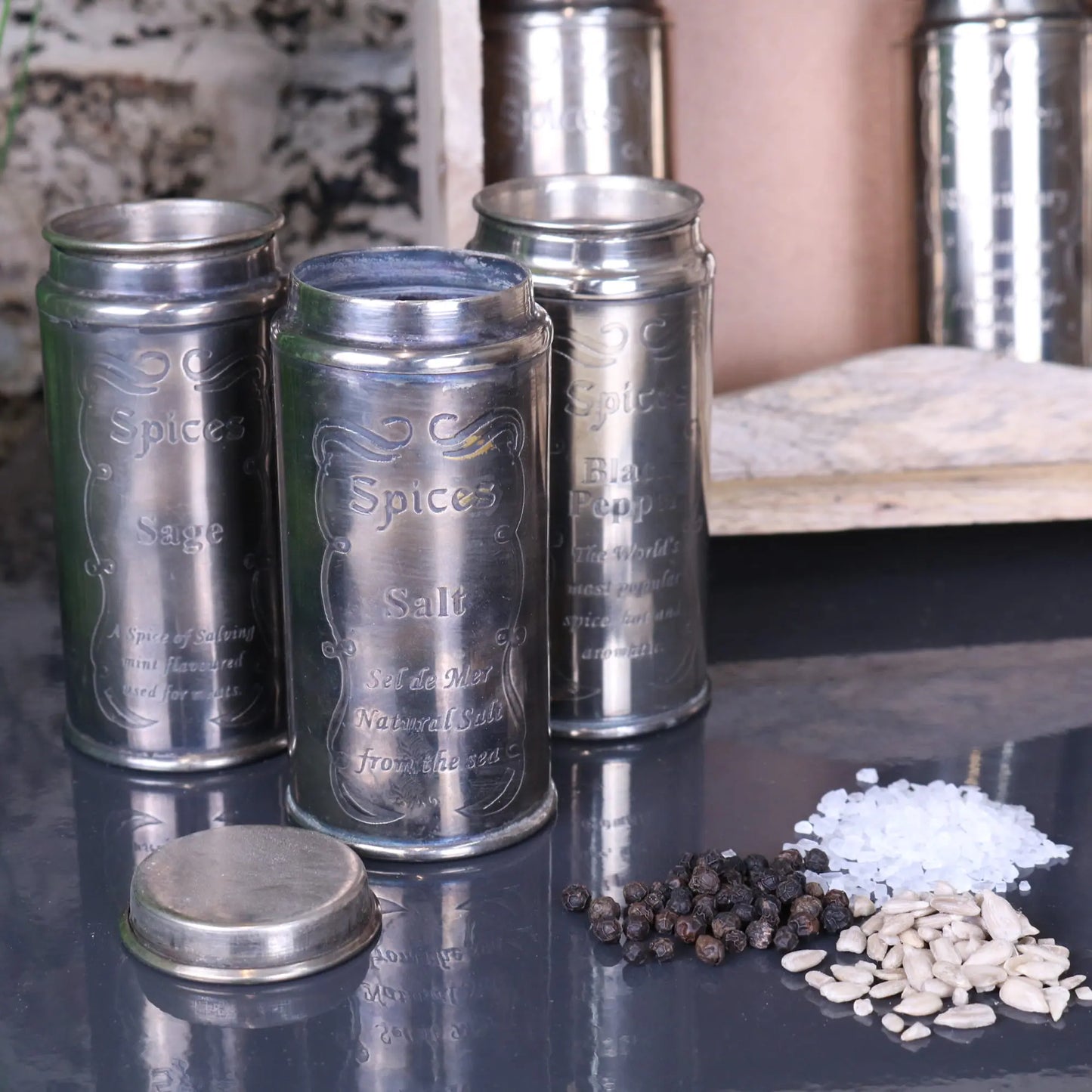 Namak Wooden Wall Mounted Spice Rack - Closeup of Canisters