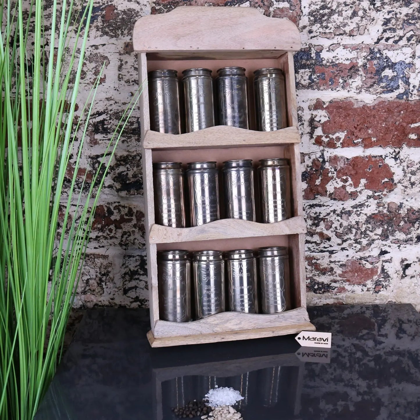 Namak Wooden Wall Mounted Spice Rack - With Cannisters Stored Away