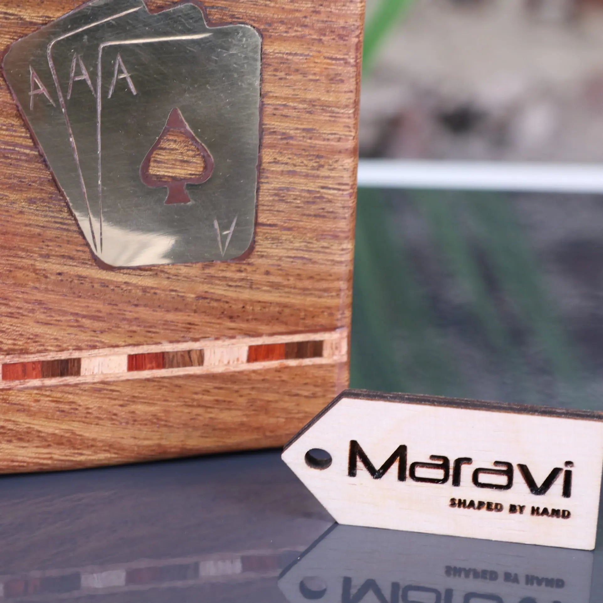 Begunia Double Wooden Playing Card Box - Closeup of Inlay Detailing