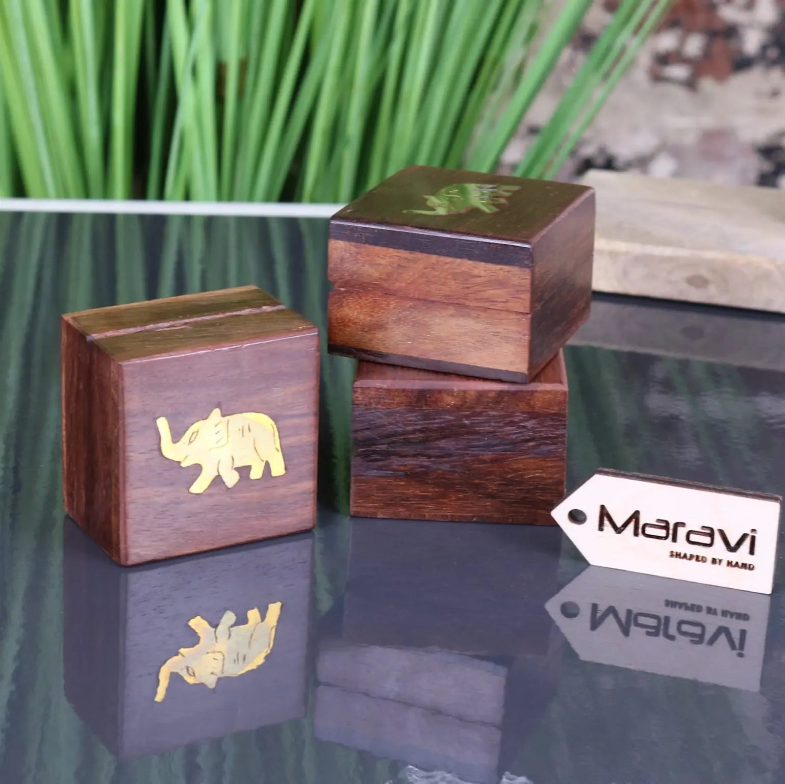 Jatani Set of 3 Mini Trinket Boxes Brass Elephant Maravi