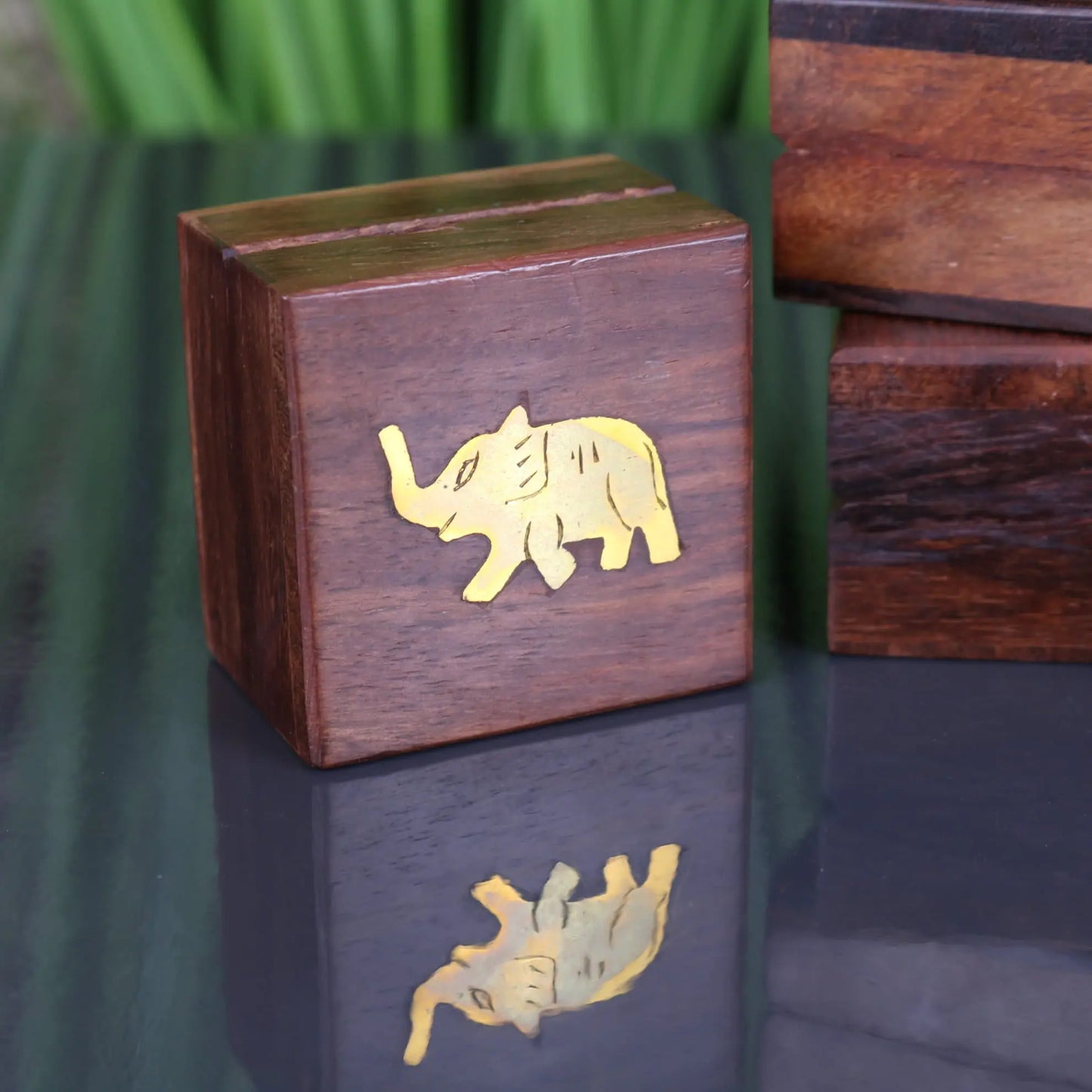 Jatani Set of 3 Mini Trinket Boxes - Closeup of Elephant Inlay