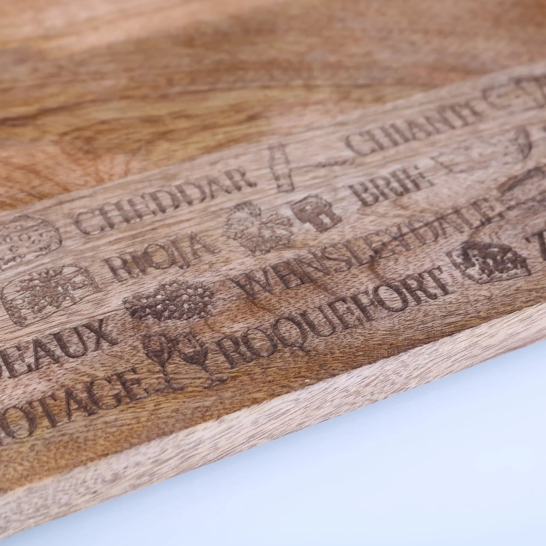 Engraved Serving Board Cheese and Wine - Words Variant Closeup of Carving