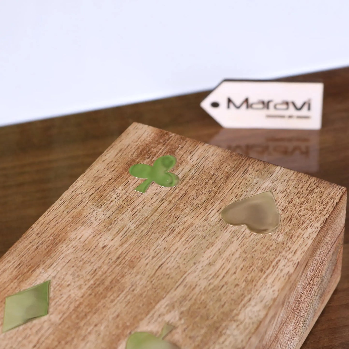 Mahe Wooden Playing Card Box - Closeup of Inlay