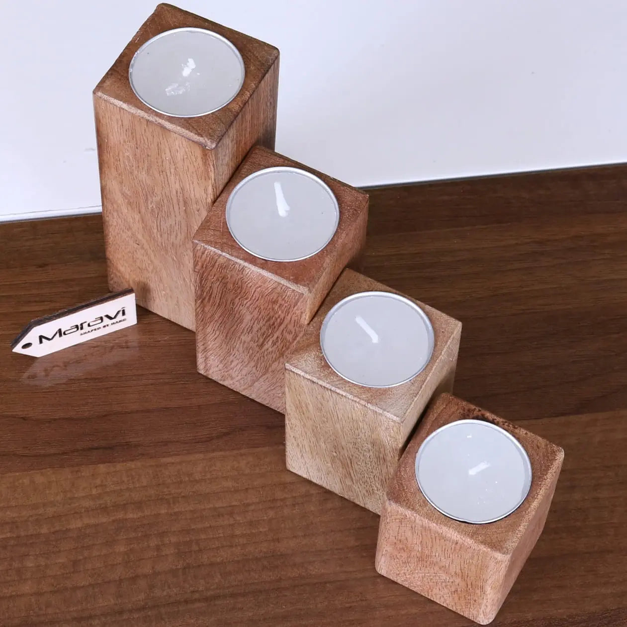 Bure Wooden Tea Light Holders Set of 4 - Staggered arrangement 