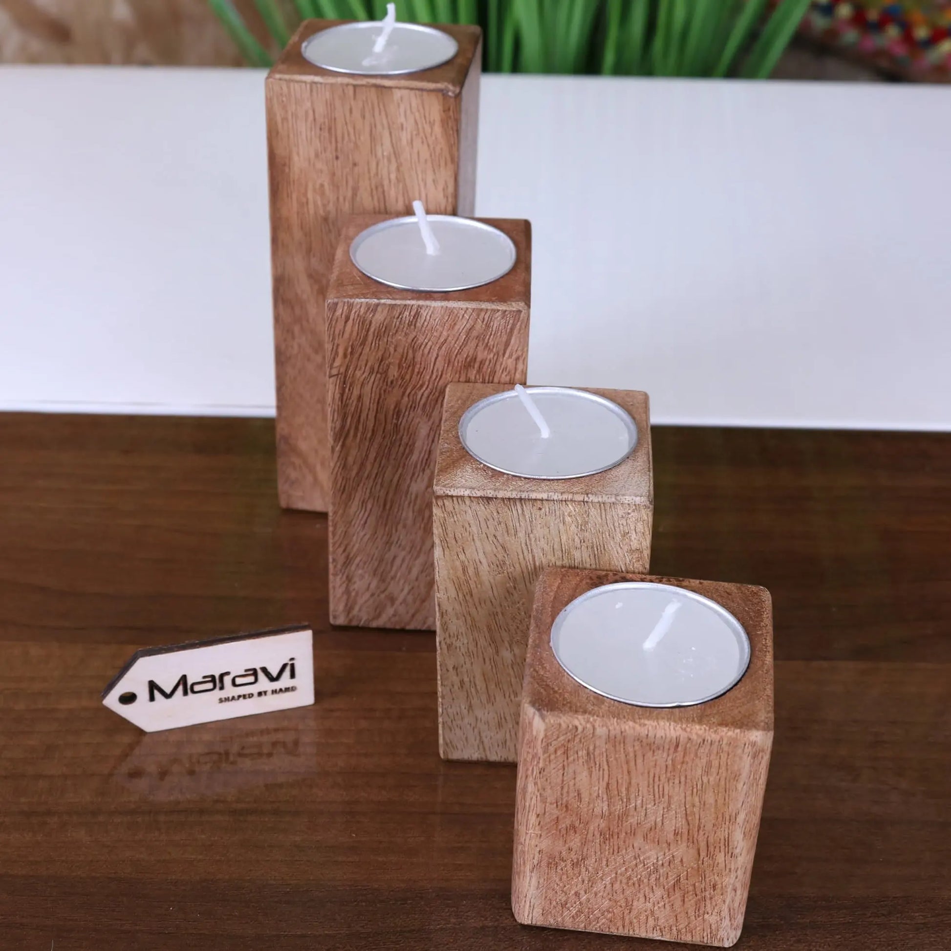 Bure Wooden Tea Light Holders Set of 4 - Front view staggered to show different heights