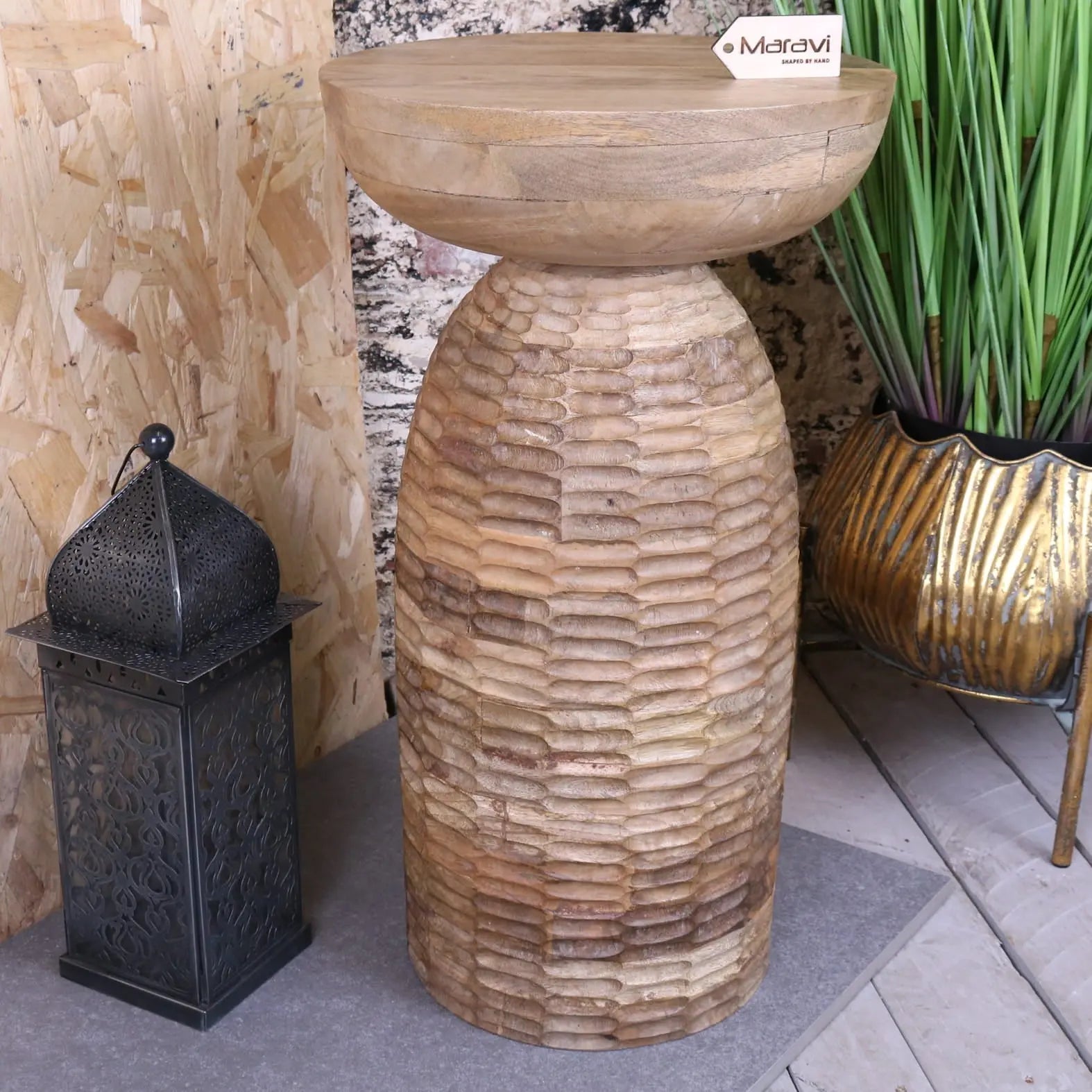 Reiek Wooden Carved Pedestal Side Table - Main Image
