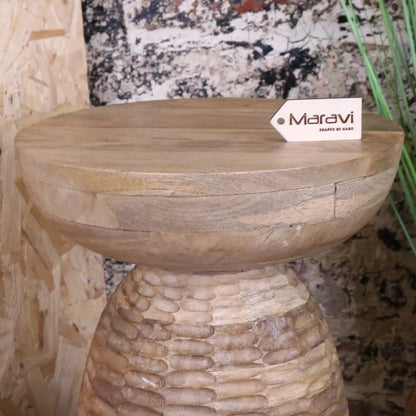 Reiek Wooden Carved Pedestal Side Table - Closeup of Table Top