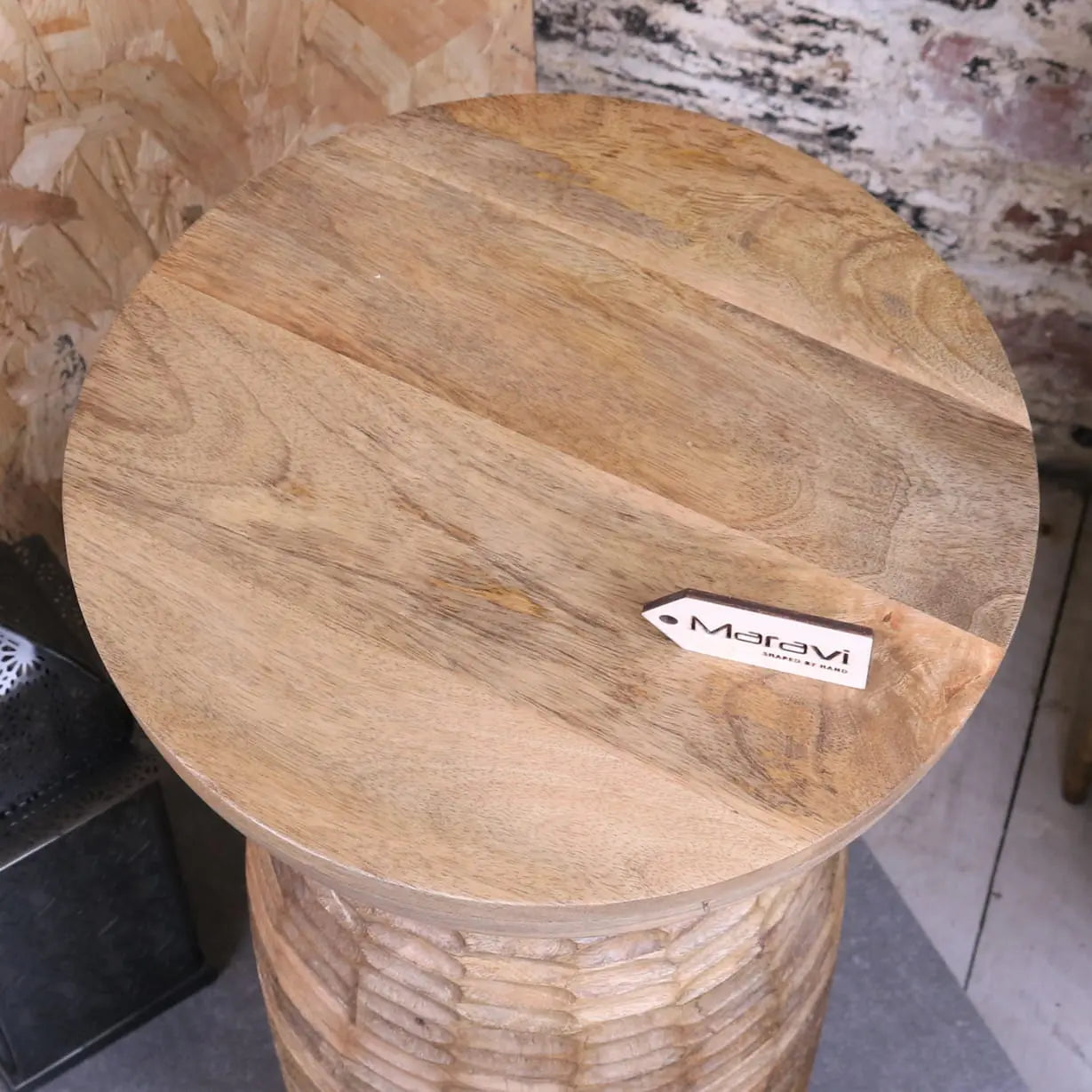 Reiek Wooden Carved Pedestal Side Table - Top View