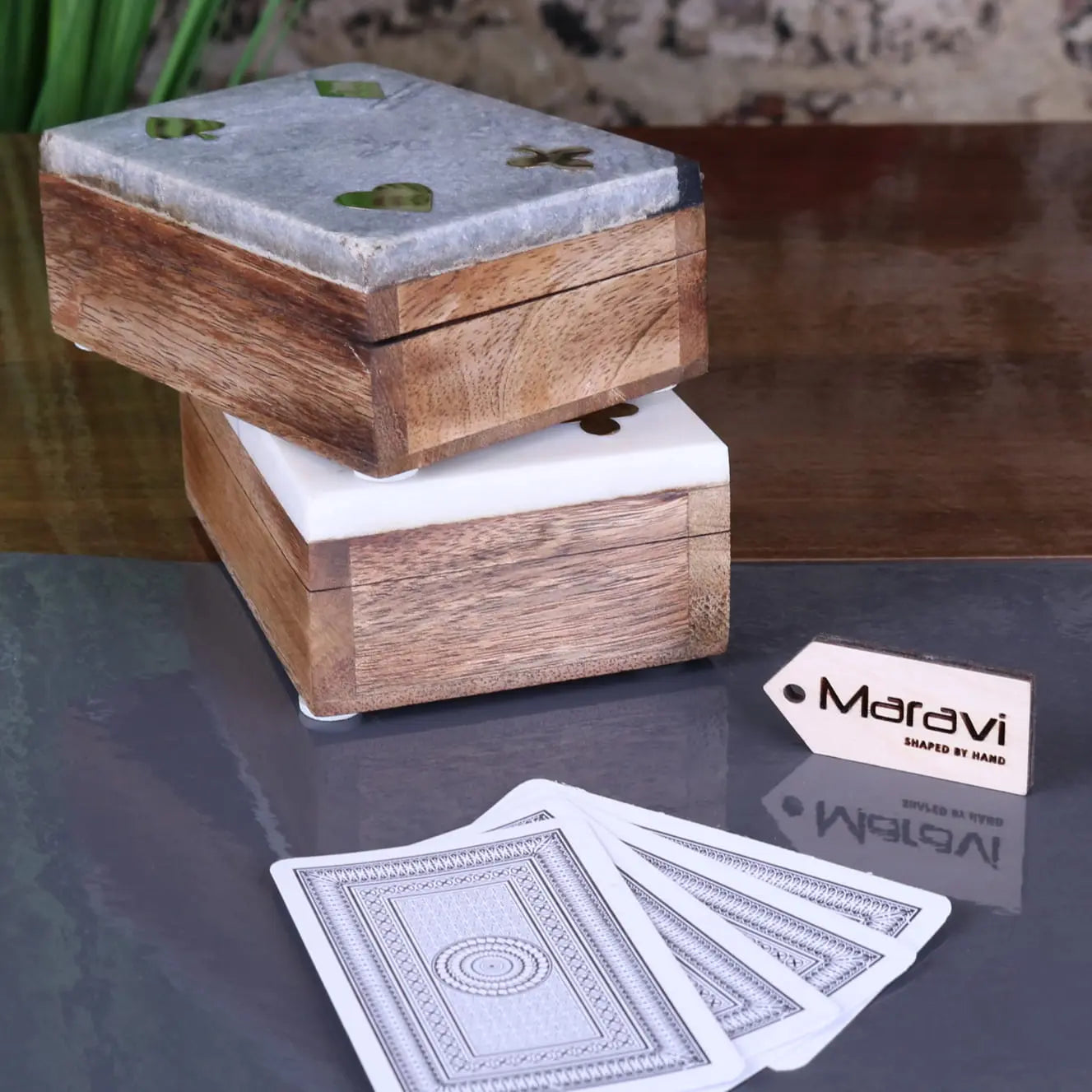 Osian Marble Lid Playing Cards Box - Side View