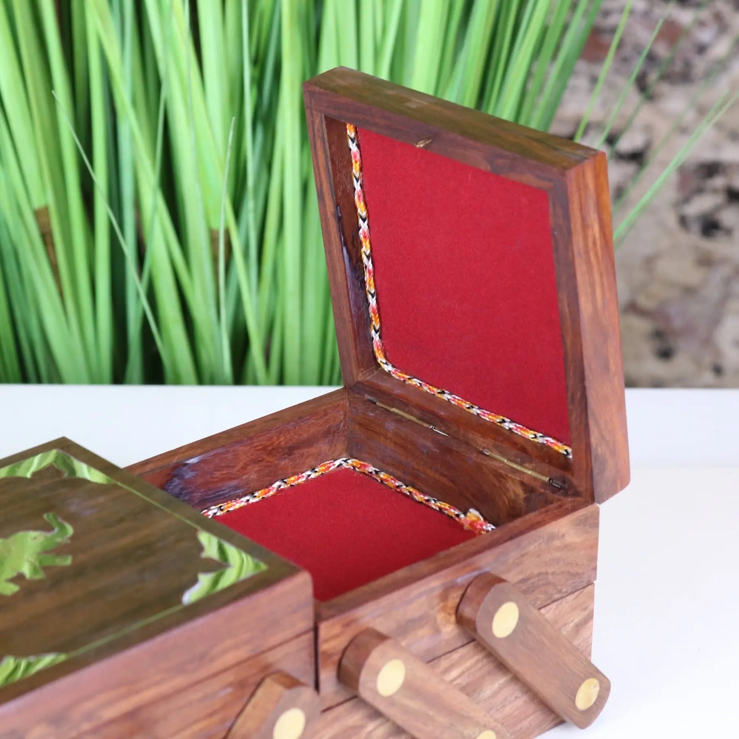 Doi Elephant Mini Sewing Box Sheesham Wood - Closeup of Internal Fabric