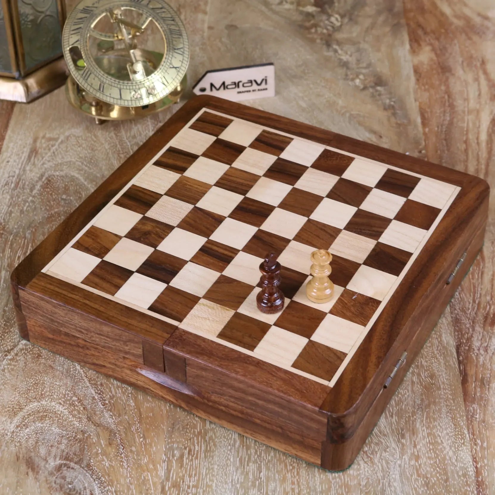 Shatranj Wooden Chess Set 18cm - Top View with King and Queen