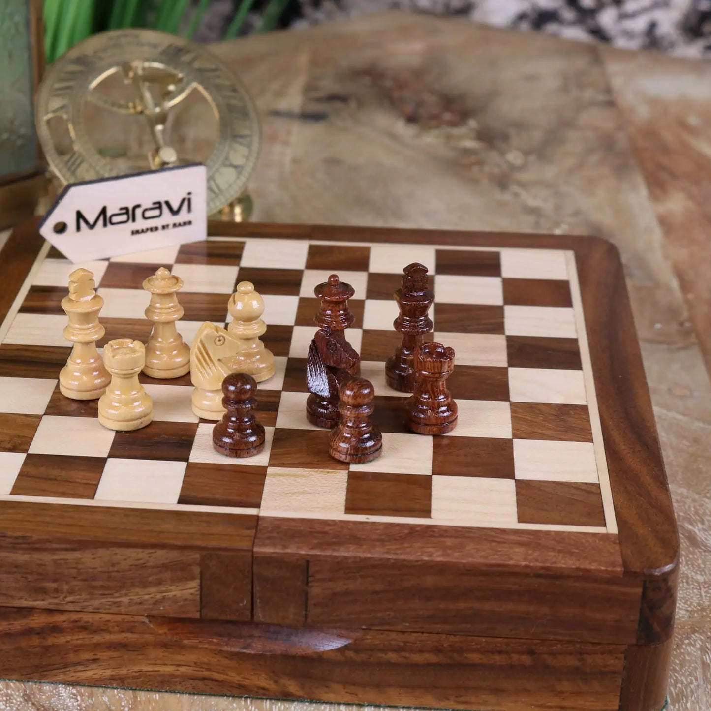 Shatranj Wooden Chess Set 18cm - Closeup of Pieces on Board