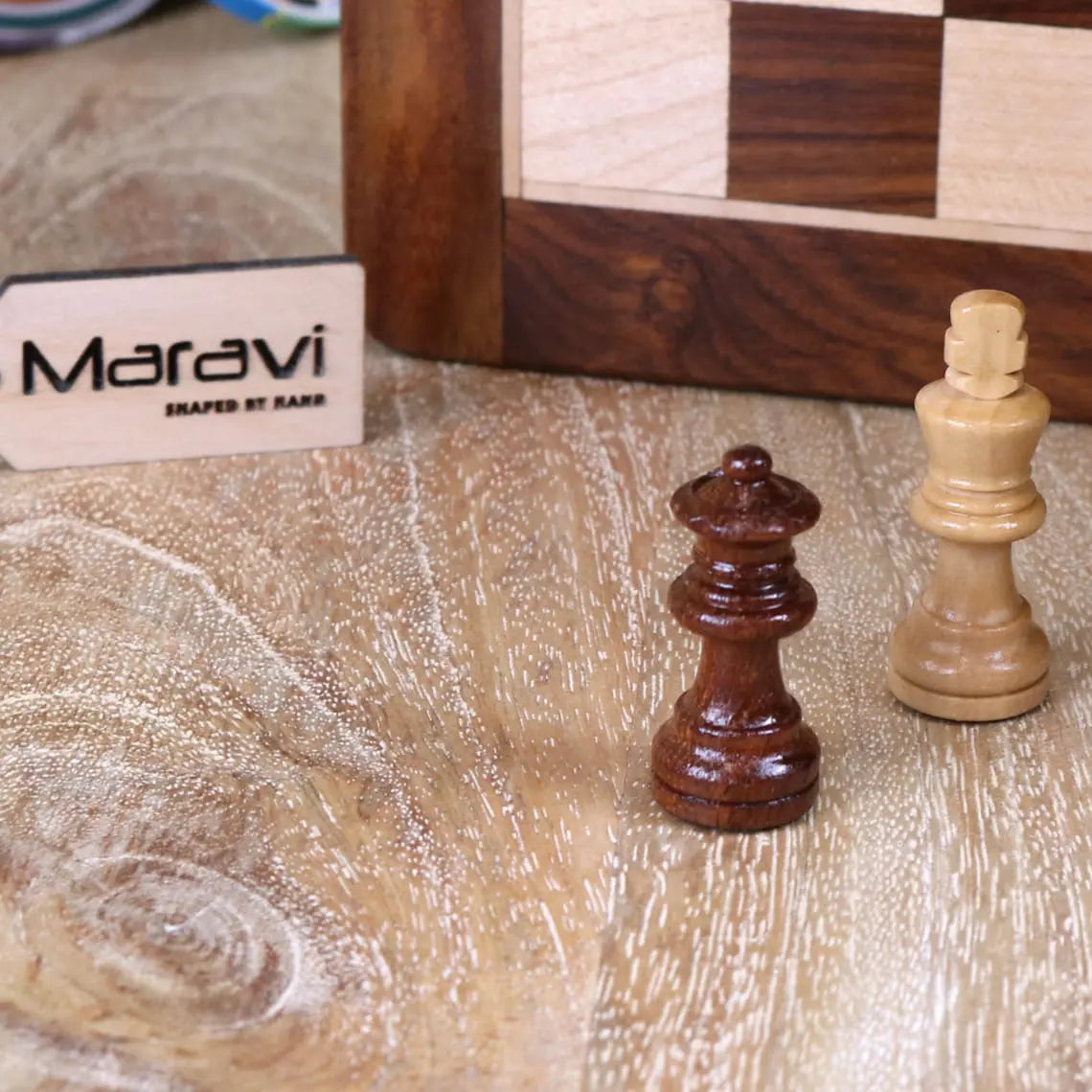 Shatranj Wooden Chess Set 26cm - Closeup of King and Queen