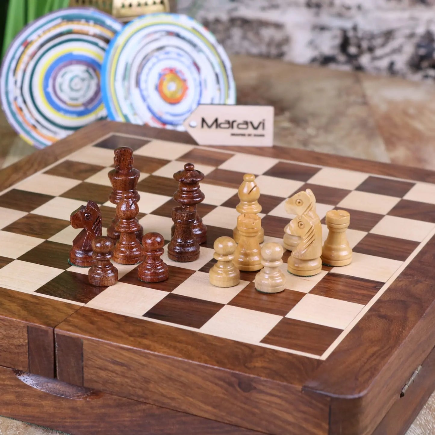 Shatranj Wooden Chess Set 26cm - Closeup of Pieces