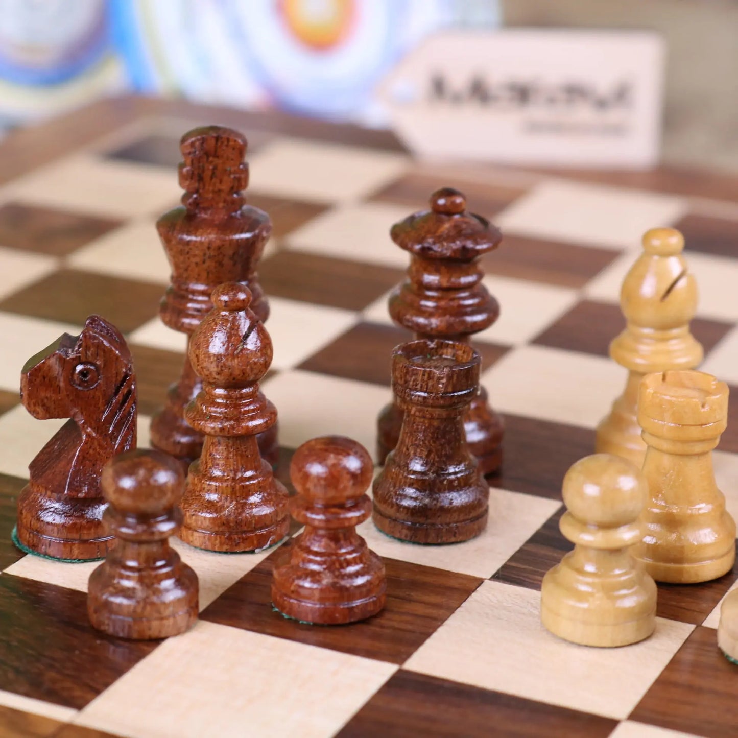 Shatranj Wooden Chess Set 26cm - Closeup of Bishop and Knight